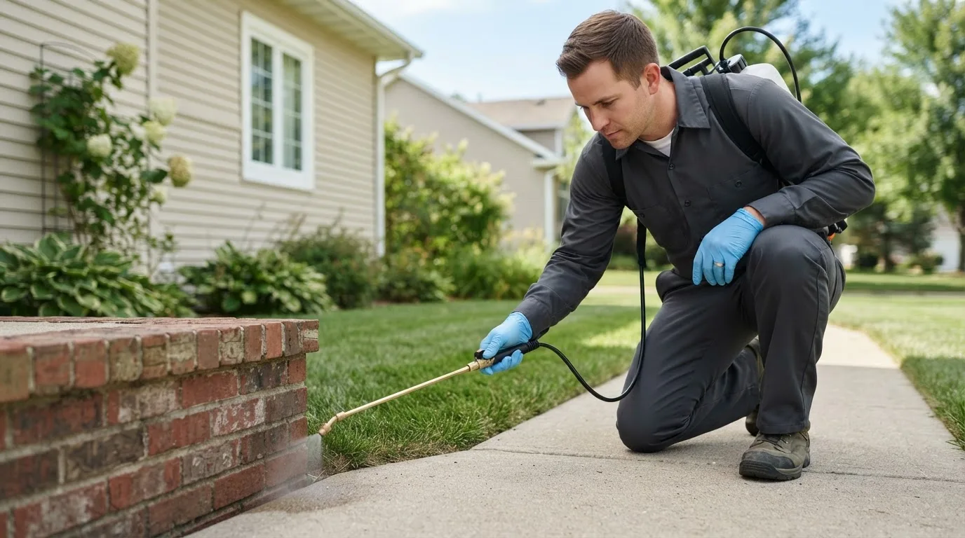 Pest control technician treating a home near Rose City, MI