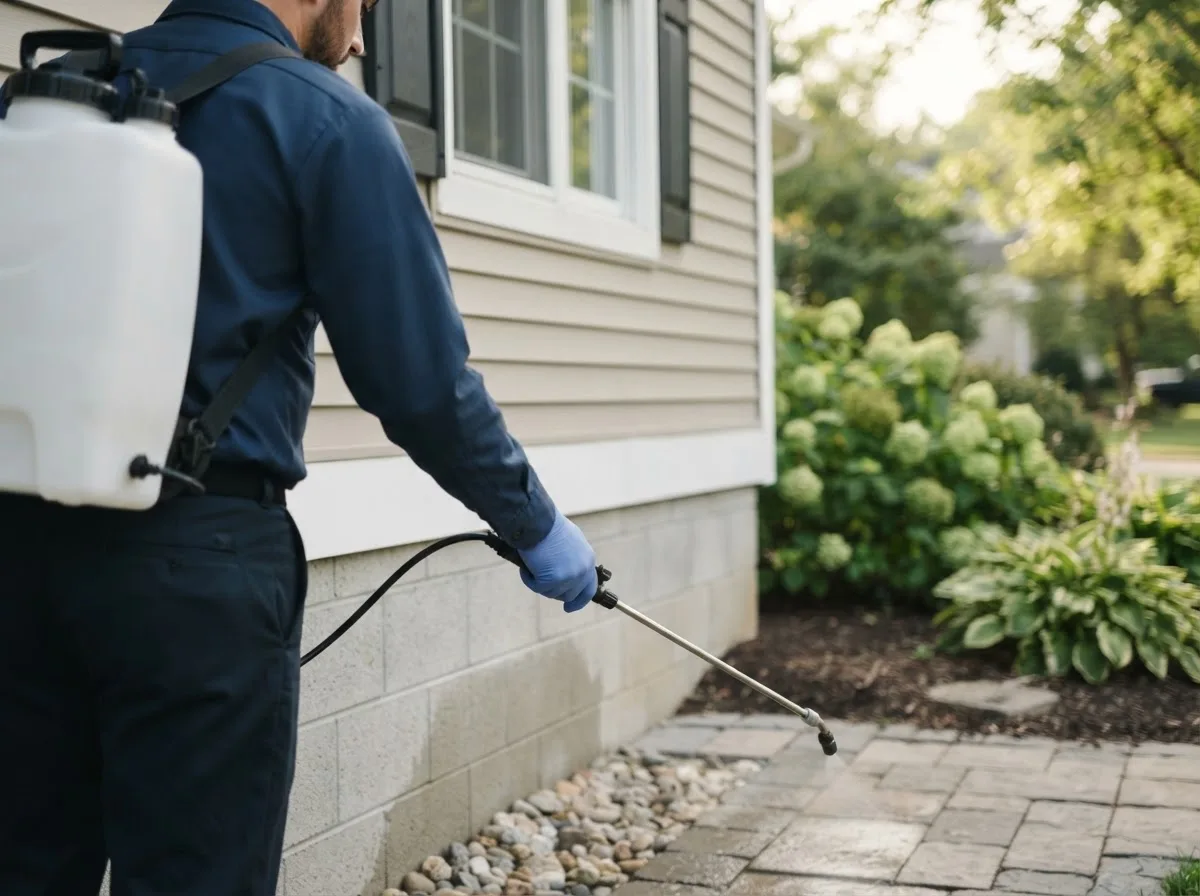 Pest control technician inspecting a home in Rose City, MI